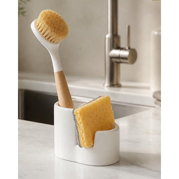 Ceramic Sponge Holder for Kitchen Sink, 2-in-1 Sponge & Brush Organizer, Compact Sink Caddy with Raised Edge to Catch Drips, Keeps Countertops Dry, Dishwasher Safe, Rustproof, White