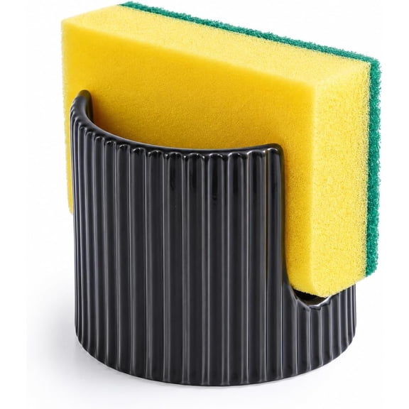 Ceramic Sponge Holder for Kitchen Sink, Quick Dry Sink Organizer with Non-Slip Base, Sponge and Brush Holder for Countertop, Bathroom or Kitchen, Black