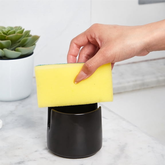 Ceramic Sponge Holder for Kitchen Sink, Dish Soap and Sponge Caddy with Drain, Countertop Organizer for Sink Corner, Black