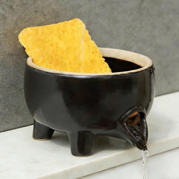 Ceramic Sponge Holder with Drainage, Modern Black Sink  Organizer, Sponge Dish Rack for Soap, Brushes, Keeps Countertop Dry, Kitchen Sink Accessory