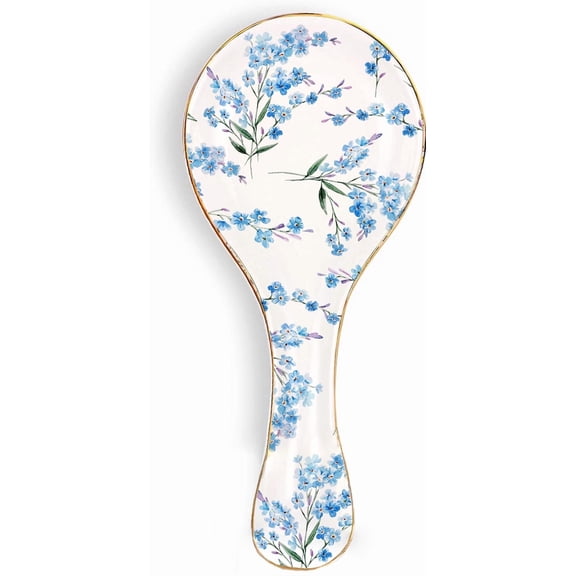 Ceramic Spoon Rest Holder for Kitchen Counter & Stove Top with Floral Pattern Blue Blossom