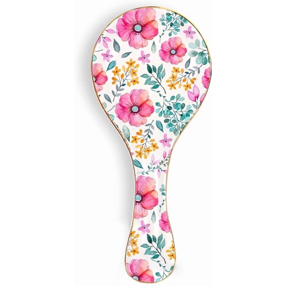 Ceramic Spoon Rest Holder for Kitchen Counter & Stove Top with Floral Pattern Purple Red