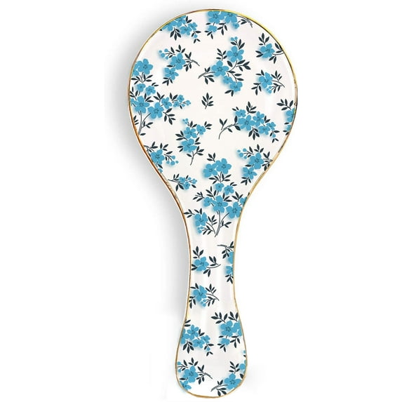 Ceramic Spoon Rest Holder for Kitchen Counter & Stove Top with Floral Pattern Teal Blue