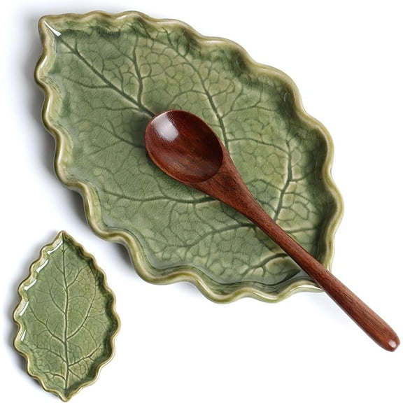 Green Leaf Shaped Ceramic Spoon Rest for Stove Top, 7.3" x 4.5" Utensil Holder for Kitchen Countertop, Heat-Resistant Dishwasher Safe Spatula Rest