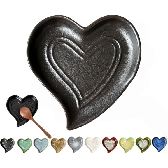 Ceramic Spoon Rest for Stove Top, Heart Cute Spoon Rest for Kitchen Counter, Cooking Spoon Holder for Kitchen Counter, Utensil Rest Spatula Rest Ladle Holder Tong Rest (Matte Black)