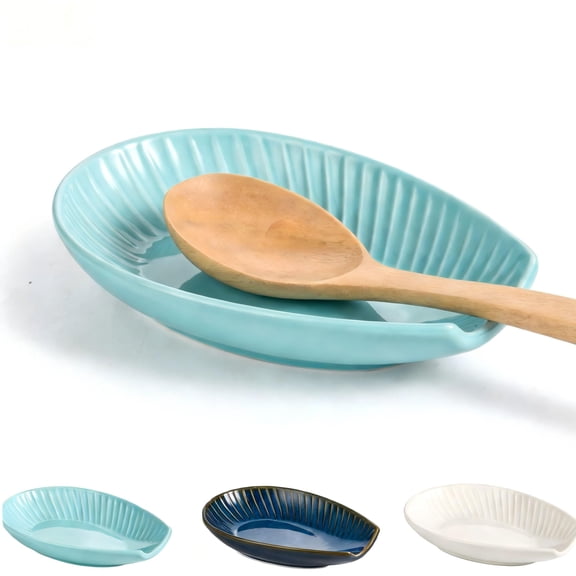 Ceramic Spoon Rest for Stove Top, Spoon Holder for Kitchen Counter, Lead-Free Utensil Rest for Cooking Spoons, Ladles & Spatulas, Dishwasher Safe Farmhouse Kitchen Decor- Blue