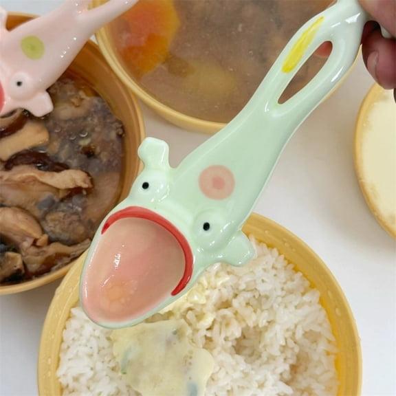 Ceramic Spoon with Green Body and Wide Eyes for Soups, Desserts, and Serving