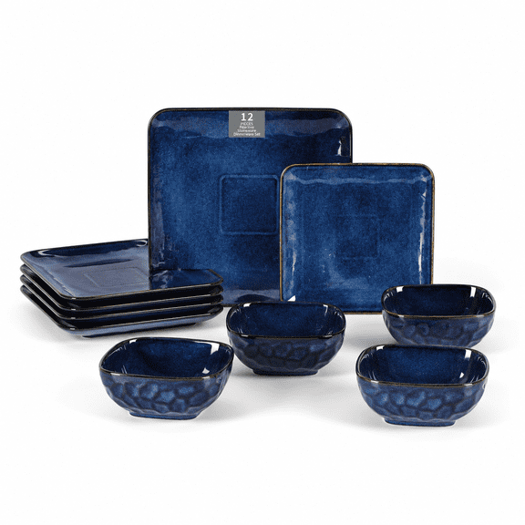 Ceramic Square 12 Pieces Dinnerware Set - Dinner Plates Salad Cereal Service For 4 Scratch Resistantwave Oven Dishwasher Safe Blue