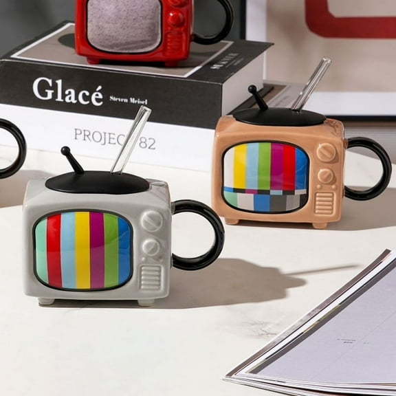 Ceramic Square Coffee Cup Set with Straw and Lid Office Tea Cup Retro TV - Chocolate