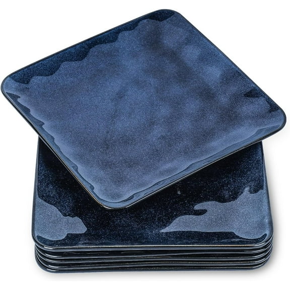 Ceramic Square Plates Set of 6 - Porcelain 8 inch Dinner Plates for Salad Dessert Appetizer Bread - Microwave Oven and Dishwasher Safe - Blue
