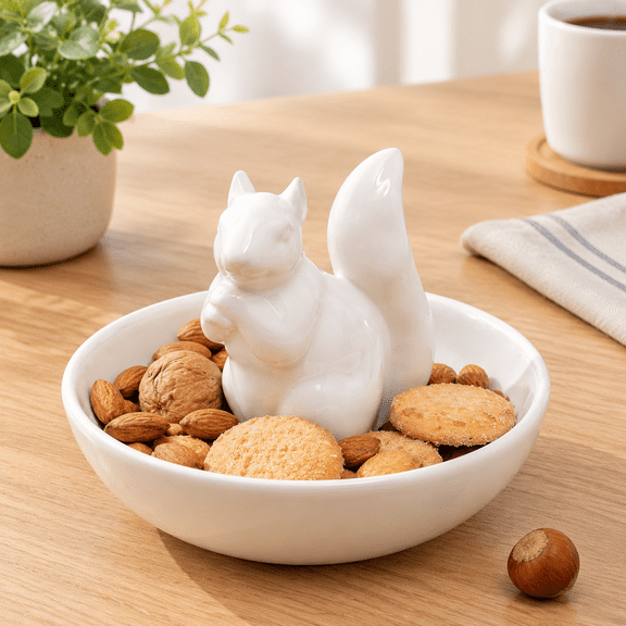 Ceramic Squirrel Shaped Snack Serving Bowl for Nuts Candy and Holiday Entertaining