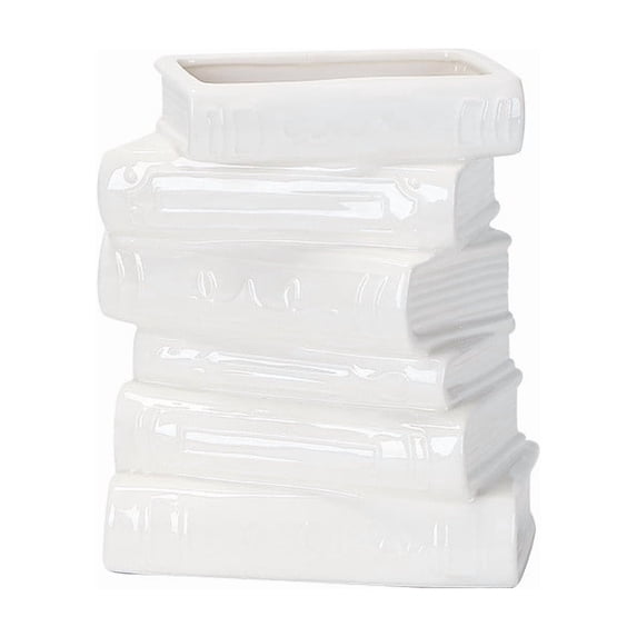 Ceramic Stacked Book Vase Decorative Tabletop Flower Vessel for Living Room office Shelf Unique Design Ivory Finish