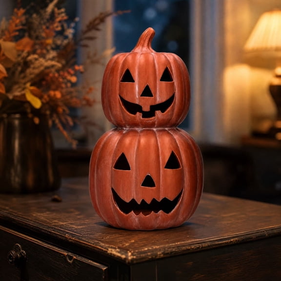Ceramic Stacked Jack-o'-Lantern Decoration, Terracotta 11.25 Inch Double Tier Pumpkin Statue, Halloween Tabletop Mantel Fall Home Decor