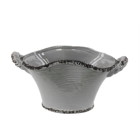 Ceramic Stadium Shaped Tapered Tuscan Pot with Handles - Distressed Gloss Grey, Small