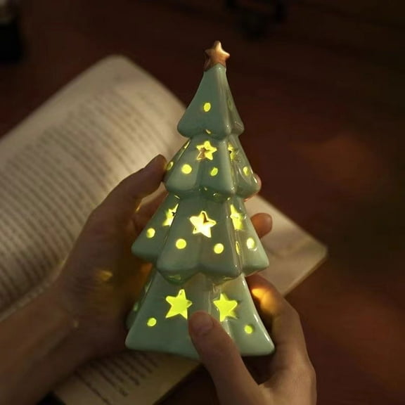 Ceramic Star Christmas Tree Night Light With Warm Glow Tabletop Decor for Bedroom And Holiday Gift 1 Count