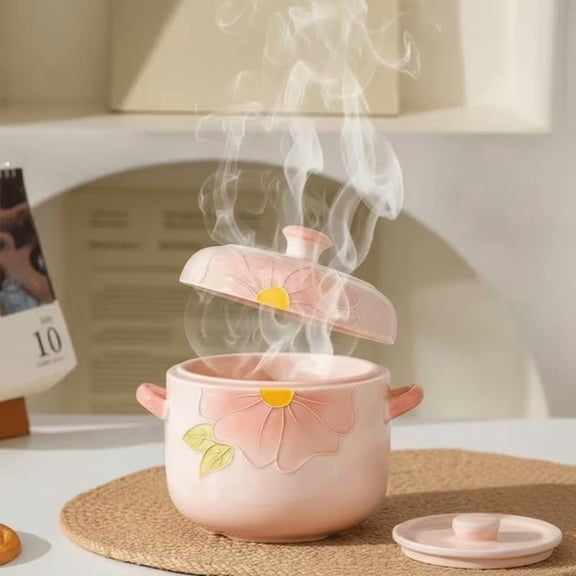 Ceramic Steamer with Lid & Hand-Painted Peach Pattern  20.29oz Double Ear Stew Pot for Stovetop, Oven, Microwave & Dishwasher