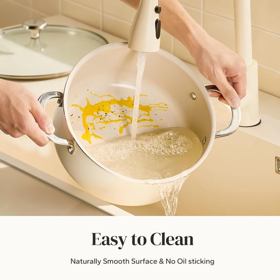 Ceramic Stock Pot with Lid, 5 Qt Induction Cooking Pot for Soup Nonstick, Even Heating, Stay-Cool Handles, Oven/Dishwasher Safe, PTFE PFAS (Beige)