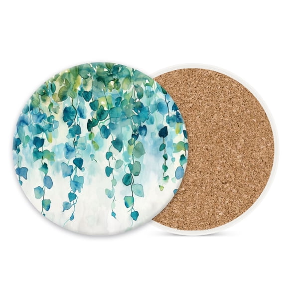 Ceramic Stone Coasters for Drinks Cup, Blue and Green Hanging Vines with Leaves Absorbent Anti Slip Cup Coasters for Kitchen Living Room Office Decor Housewarming Gift Set of 1 (4*4 Inch)