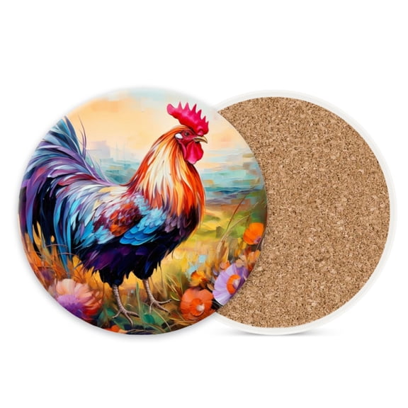 Ceramic Stone Coasters for Drinks Cup, Rooster in Field with Colorful Flowers Absorbent Anti Slip Cup Coasters with Cork Base for Kitchen Living Room Office Decor Set of 1 (4*4 Inch)