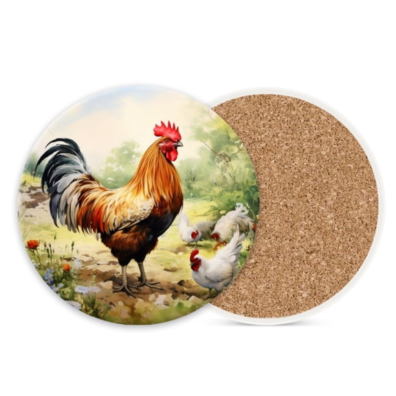Ceramic Stone Coasters for Drinks Cup, Rooster and Hens in The Meadow Absorbent Anti Slip Cup Coasters with Cork Base for Kitchen Living Room Office Decor Housewarming Gift Set of 1 (4*4 Inch)