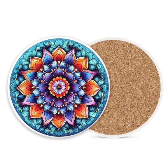 Ceramic Stone Coasters for Drinks Cup, Round Mandala Flower Absorbent Anti Slip Coasters with Cork Base for Kitchen Living Room Office Decor Housewarming Gift Set of 1 (4*4 Inch)
