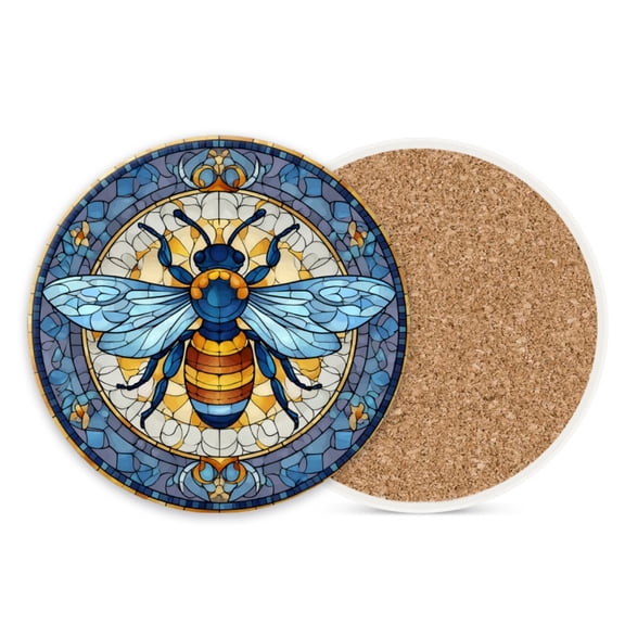 Ceramic Stone Coasters for Drinks Cup, Stained Glass Style Blue Gold Bee Absorbent Anti Slip Funny Coasters with Cork Base for Kitchen Living Room Office Decor Set of 1 (4*4 Inch)