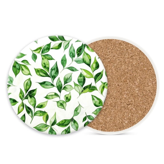 Ceramic Stone Coasters for Drinks Cup, Watercolor Green Leaves Pattern on White Background Absorbent Anti Slip Cup Coasters with Cork Base for Kitchen Living Room Office Set of 1 (4*4 Inch)