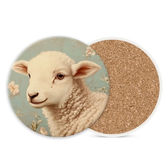 Ceramic Stone Coasters for Drinks Set of 1, Adorable Baby Lamb with Soft Fur Round Absorbent Cup Coasters Protection for Coffee Table Kitchen Counter Decor (4*4 Inch)