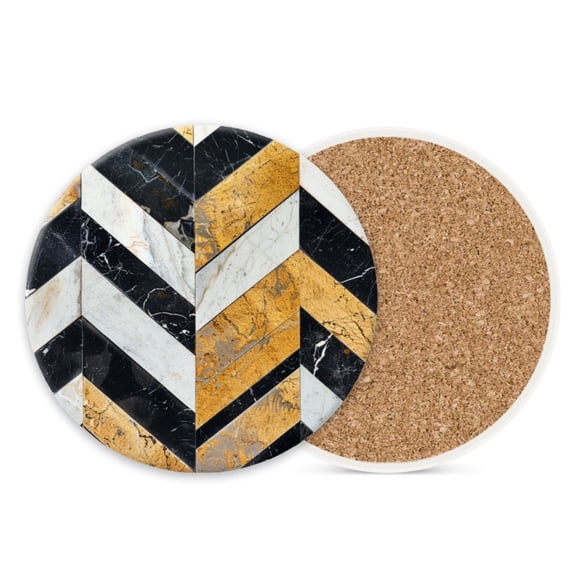 Ceramic Stone Coasters for Drinks Set of 1, Black and White Marble Herringbone Pattern Round Absorbent Cup Coasters Protection for Coffee Table Kitchen Counter Decor (4*4 Inch)