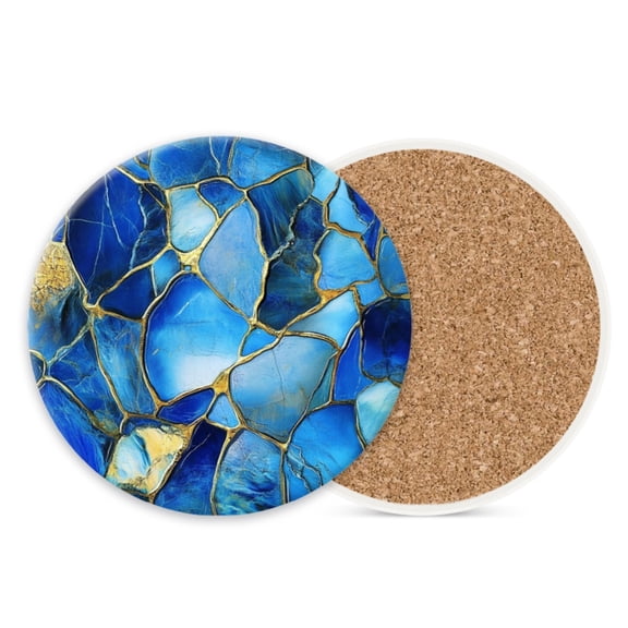 Ceramic Stone Coasters for Drinks Set of 1, Blue Marble Pattern with Gold Lines Round Absorbent Cup Coasters Protection for Coffee Table Kitchen Counter Decor (4*4 Inch)
