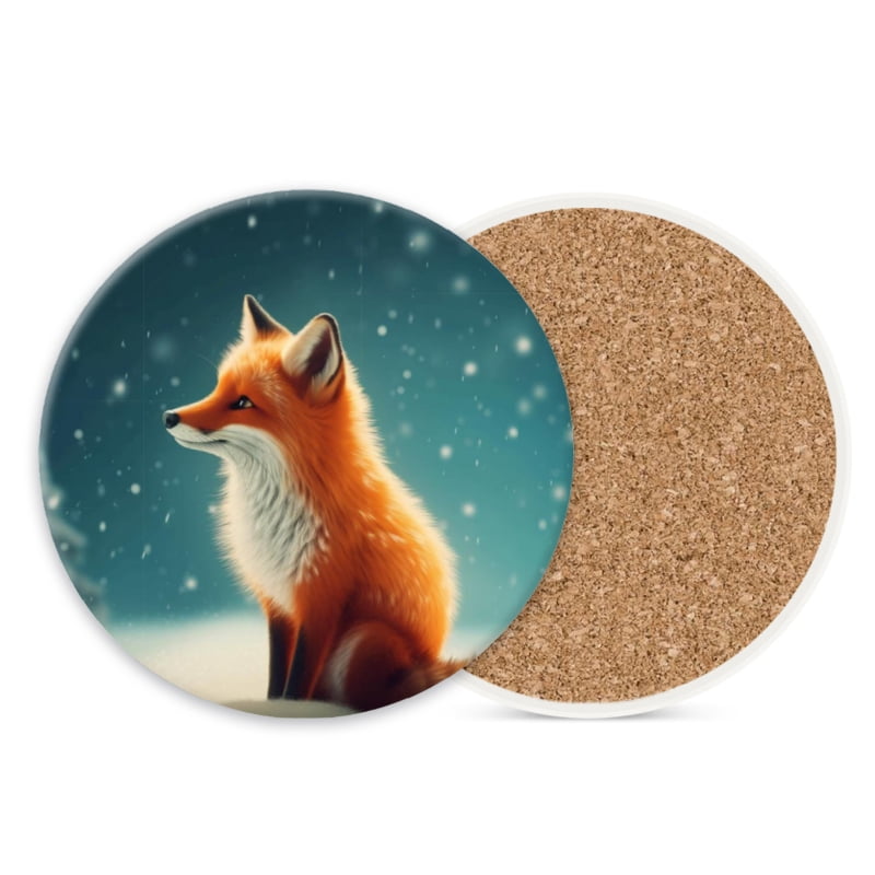 Ceramic Stone Coasters for Drinks Set of 1, Cute Fox in Snow Round ...
