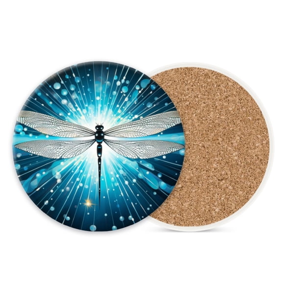 Ceramic Stone Coasters for Drinks Set of 1, Dragonfly Shiny Abstract Round Absorbent Cup Coasters Protection for Coffee Table Kitchen Counter Decor (4*4 Inch)