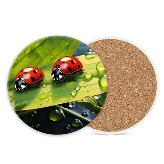 Ceramic Stone Coasters for Drinks Set of 1, Ladybugs on Green Leaf with Water Droplets Round Absorbent Cup Coasters Protection for Coffee Table Kitchen Counter Decor (4*4 Inch)