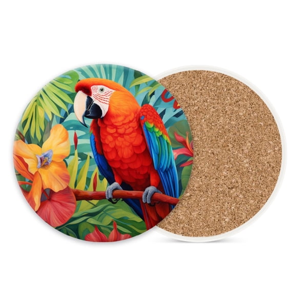 Ceramic Stone Coasters for Drinks Set of 1, Macaw Parrot on Branch Round Absorbent Cup Coasters Protection for Coffee Table Kitchen Counter Decor (4*4 Inch)