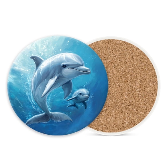 Ceramic Stone Coasters for Drinks Set of 1, Mother and Baby Dolphin Swimming in Ocean Round Absorbent Cup Coasters Protection for Coffee Table Kitchen Counter Decor (4*4 Inch)
