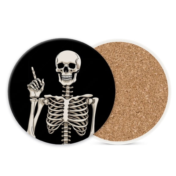 Ceramic Stone Coasters for Drinks Set of 1, Skeleton Holding Up Finger Round Absorbent Cup Coasters Protection for Coffee Table Kitchen Counter Decor (4*4 Inch)