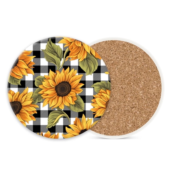 Ceramic Stone Coasters for Drinks Set of 1, Sunflowers on Checkered Background Round Absorbent Cup Coasters Protection for Coffee Table Kitchen Counter Decor (4*4 Inch)