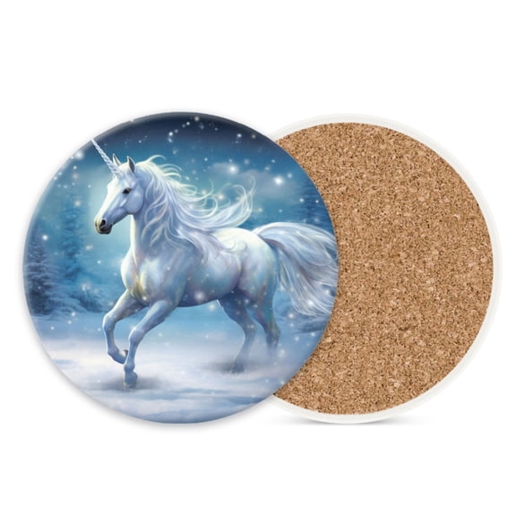 Ceramic Stone Coasters for Drinks Set of 1, Unicorn Through Snow-Covered Forest Round Absorbent Cup Coasters Protection for Coffee Table Kitchen Counter Decor (4*4 Inch)