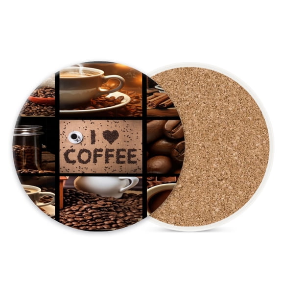 Ceramic Stone Cork Coasters for Drinks Tableware, Collage of Coffee Round Absorbent Durable Aesthetic Art Cup Mat Protects Tables and Surfaces Set of 1 (4*4 Inch)