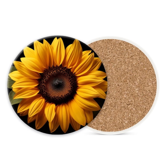 Ceramic Stone Cork Coasters for Drinks Tableware, Golden Shiny Sunflowers on Black Round Absorbent Durable Aesthetic Art Cup Mat Protects Tables and Surfaces Set of 1 (4*4 Inch)
