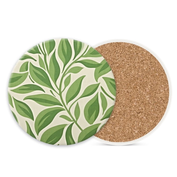 Ceramic Stone Cork Coasters for Drinks Tableware, Green Leaf Pattern on Cream-Colored Background Round Absorbent Durable Aesthetic Art Cup Mat Protects Tables and Surfaces Set of 1 (4*4 Inch)