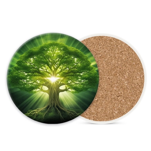 Ceramic Stone Cork Coasters for Drinks Tableware, Green Tree of Life with Rays Round Absorbent Durable Aesthetic Art Cup Mat Protects Tables and Surfaces Set of 1 (4*4 Inch)