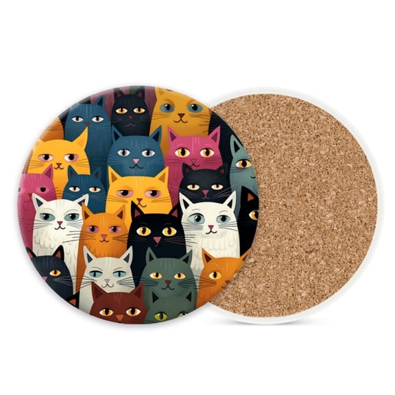 Ceramic Stone Cork Coasters for Drinks Tableware, Group of Cartoon Cats Round Absorbent Durable Aesthetic Art Cup Mat Protects Tables and Surfaces Set of 1 (4*4 Inch)