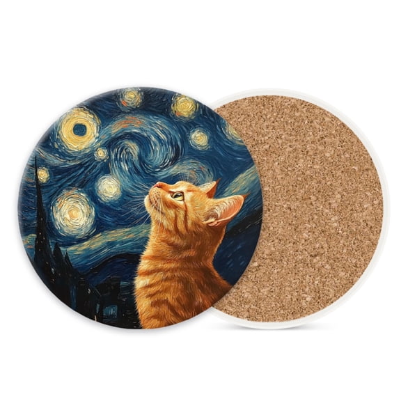 Ceramic Stone Cork Coasters for Drinks Tableware, Orange Cat Gazing at Starry Night Round Absorbent Durable Aesthetic Art Cup Mat Protects Tables and Surfaces Set of 1 (4*4 Inch)