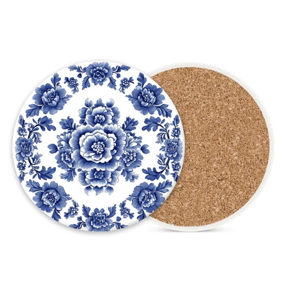 Ceramic Stone Cork Coasters for Drinks Tableware, Ornate Floral Pattern Round Absorbent Durable Aesthetic Art Cup Mat Protects Tables and Surfaces Set of 1 (4*4 Inch)