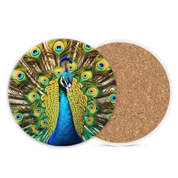 Ceramic Stone Cork Coasters for Drinks Tableware, Peacock with Vibrant Plumage Round Absorbent Durable Aesthetic Art Cup Mat Protects Tables and Surfaces Set of 1 (4*4 Inch)