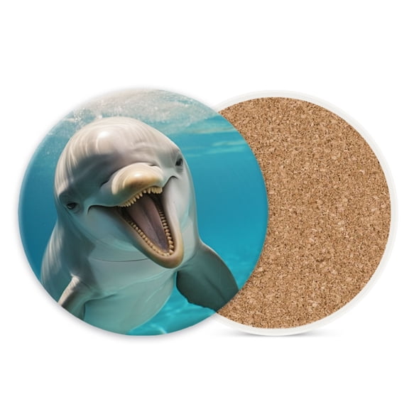 Ceramic Stone Cork Coasters for Drinks Tableware, Playful Smiling Dolphin Round Absorbent Durable Aesthetic Art Cup Mat Protects Tables and Surfaces Set of 1 (4*4 Inch)
