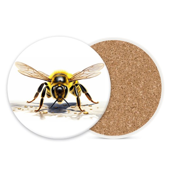 Ceramic Stone Cork Coasters for Drinks Tableware, Realistic Color Style Honey Bee Round Absorbent Durable Aesthetic Art Cup Mat Protects Tables and Surfaces Set of 1 (4*4 Inch)