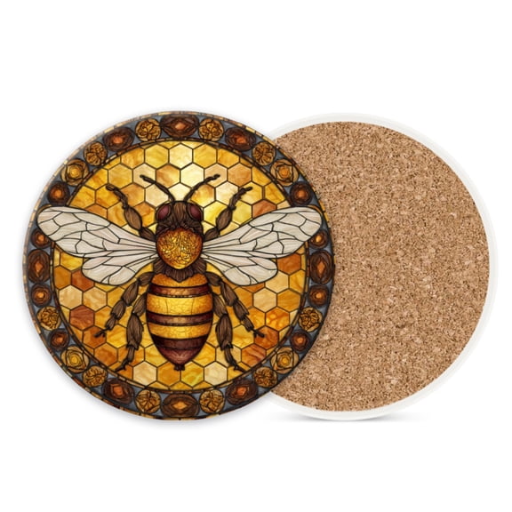 Ceramic Stone Cork Coasters for Drinks Tableware, Stained Glass Style Bee with Honeycomb Round Absorbent Durable Aesthetic Art Cup Mat Protects Tables and Surfaces Set of 1 (4*4 Inch)