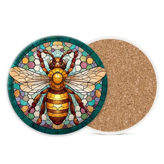 Ceramic Stone Cork Coasters for Drinks Tableware, Stained Glass Style Bee Pattern Round Absorbent Durable Aesthetic Art Cup Mat Protects Tables and Surfaces Set of 1 (4*4 Inch)